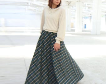 Sサイズのグリーンチェック柄スカート、ポケット付きウルトラハイ