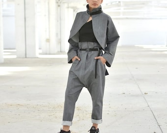 Extravagant Two Piece Denim Co-Ord Outfit, Funnel Neck Jacket & Harem Pants Set, Outwear Women Asymmetrical Y3k Clothing