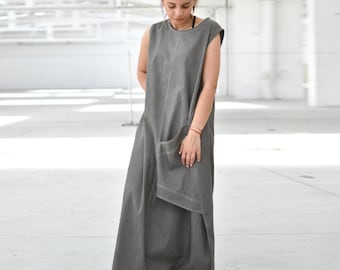 Maxi Denim Sleeveless Summer Dress, Extravagant Long Avant Garde Dress with Loose Fit, Earth Tone Jeans Dress Women, Plus Sizes