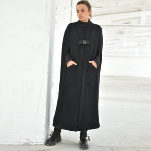 Long Black Cloak Coat With Pockets, Merino Wool Coat, Boucle Winter Maxi Coat, Elegant Wool Cape Coat, Women Gothic Coat, Loose Fit Overcoat image 1