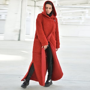 Casaco de lã vermelha, casaco longo com capuz, roupa quente de inverno, casaco feminino grande, Chapeuzinho Vermelho, casaco longo com cinto, casaco longo de inverno