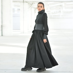 Wool Winter Turtleneck Dress, Black Women Maxi Dress, Long Flare Dress, Knitwear Warm Clothing, Extravagant Designer Dress image 1