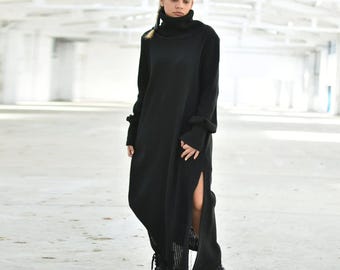 Black Wool Dress, Turtleneck Dress, Long Sleeve Dress, Warm Dress, Gothic Dress, Ribbed Maxi Dress, Plus Size Dress, Winter Sweater Dress