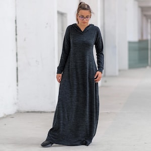 Hooded Wool Winter Dress, Loose Maxi Sweater Dress, Warm Comfy Dress, Dark Blue Plus Size Dress, Long Flare Dress Women image 1