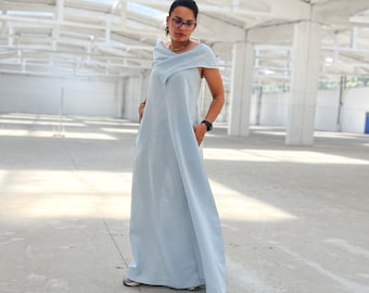 Light Blue Linen Halter Dress with Crossed Neckline for Women, Maxi Summer Elegant Dress for Wedding Guest or Baby Shower, Plus Sizes