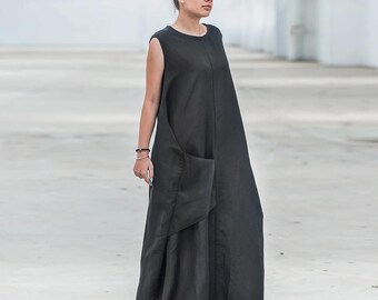 Linen Maxi Dress, Plus Size Clothing, Black Maxi Dress, Linen Clothing, Linen Kaftan Dress, Sleeveless Dress, Summer Dress, Beach Dress