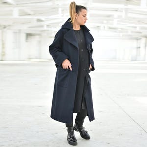 Navy Blue Coat, Light Wool Coat, Dark Blue Long Coat, Women Trench Coat, Wool Trench Coat, Lapel Coat, Loose Coat, Extravagant Coat image 2