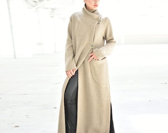 Beige Wool High Collar Maxi Cardigan Coat, Wrap Longline Sweater Cardigan, Funnel Neck Oversize Cardigan Coat for Fall/Winter, Sizes XS-3XL
