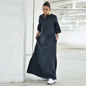 Navy Blue Linen Maxi Dress, Summer Kaftan Shirt Dress, Straight Minimalist Dress, Slit Dress, Plus Size Linen, Oversize Loose Dress, Indigo