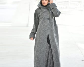 Cardigã longo cinza de lã, casaco de inverno quente com capuz, casaco feminino oversized, cardigã plus size, casaco de malha