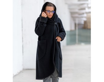 Wool Hooded Midi Coat, Winter Cardigan Coat, Black Mohair Cardigan, Womens Coatigan, Gothic Coat, Plus Size Clothing, Japanese Clothing