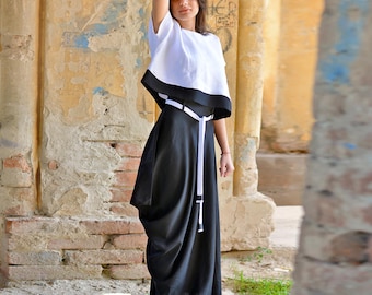 Zwarte linnen rok, maxi-rok, lange rok, zwarte rok, asymmetrische rok, casual rok, oversized rok, plus size rok, linnen kleding