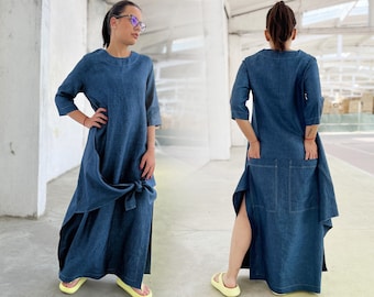 Extravagant Linen Maxi Dress, Denim Blue Dress, Avant Garde Clothing, Linen Clothing, Plus Size Dress, Loose Summer Clothing, Long Dress