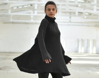 Black Wool Winter Sweater Dress, Turtleneck Tunic Dress, Plus Size Loose Sweater, Gothic Sweater, Oversize Warm Blouse, High Neck Tunic