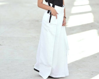White Linen Skirt With Pocket, Maxi Linen Skirt, Summer Skirt, Linen Clothing, High Waist Skirt, Plus Size Clothing, Loose Skirt,Extravagant