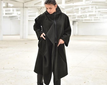 Hooded Black Coat, Women Maxi Coat, Plus Size Coat, Wool Coat, Oversize Coat, Jacket Coat, Loose Coat, Plus Size Clothing, Steampunk