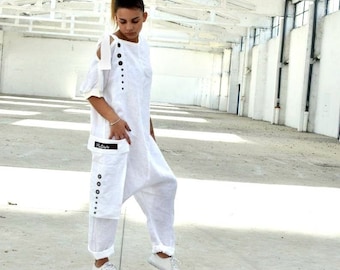 Linen Harem Jumpsuit, White Summer Overall, Linen Clothing, Drop Crotch Jumpsuit, Plus Size Clothing, Wide Leg Extravagant Jumpsuit