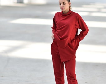 Red Asymmetric Sweater, Activewear Top,Women Sweater, Plus Size Clothing, Winter Sweater, Loungewear, Red Loose Blouse, Scarlet Red Blouse