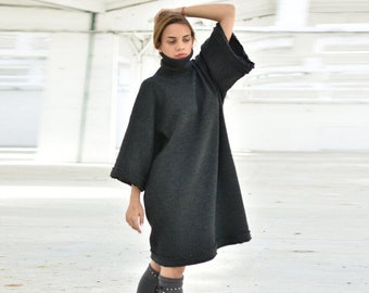 Dark Grey Sweater Dress, Winter Wool Dress, Oversized Turtleneck Wool Dress, Wool Tunic, Avant Garde Clothing, Plus Size Dress, Warm Dress
