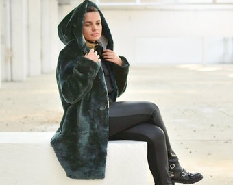 Hooded Winter Teddy Coat, Fluffy Warm Coat, Petrol Green Jacket, Plus Size Clothing, Faux Fur Oversize Coat, Elegant Loose Coat