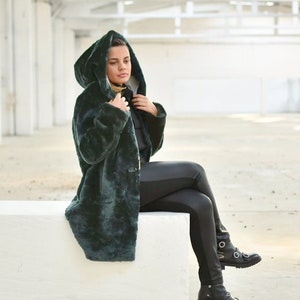 Hooded Winter Teddy Coat, Fluffy Warm Coat, Petrol Green Jacket, Plus Size Clothing, Faux Fur Oversize Coat, Elegant Loose Coat