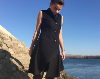Black Linen Long Tunic Top for Women, Japanese Inspired Button Down Vest, Avant Garde Sleeveless Asymmetric Shirt for Summer, Sizes S-3XL