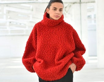 Cosy High Neck Red Mohair Sweater, Warm Boucle Fluffy Jumper, Wool Winter Turtleneck Oversized Pullover, Thick Plus Size Sweater