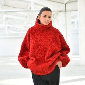 Cosy High Neck Red Mohair Sweater, Warm Boucle Fluffy Jumper, Wool Winter Turtleneck Oversized Pullover, Thick Plus Size Sweater