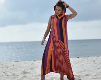 Striped Linen Dress, Hooded Maxi Dress, Boho Dress, Linen Clothing, Hippie Beach Dress, Plus Size Maxi Dress, Linen Loose Dress,Linen Kaftan