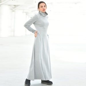 Grey Loose Maxi Dress, Long Sleeve Dress, Women Cotton Dress, Warm Turtleneck Dress, Plus Size Clothing, Knitted Outfit, Flare Maxi Dress,