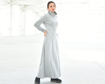 Grey Loose Maxi Dress, Long Sleeve Dress, Women Cotton Dress, Warm Turtleneck Dress, Plus Size Clothing, Knitted Outfit, Flare Maxi Dress,