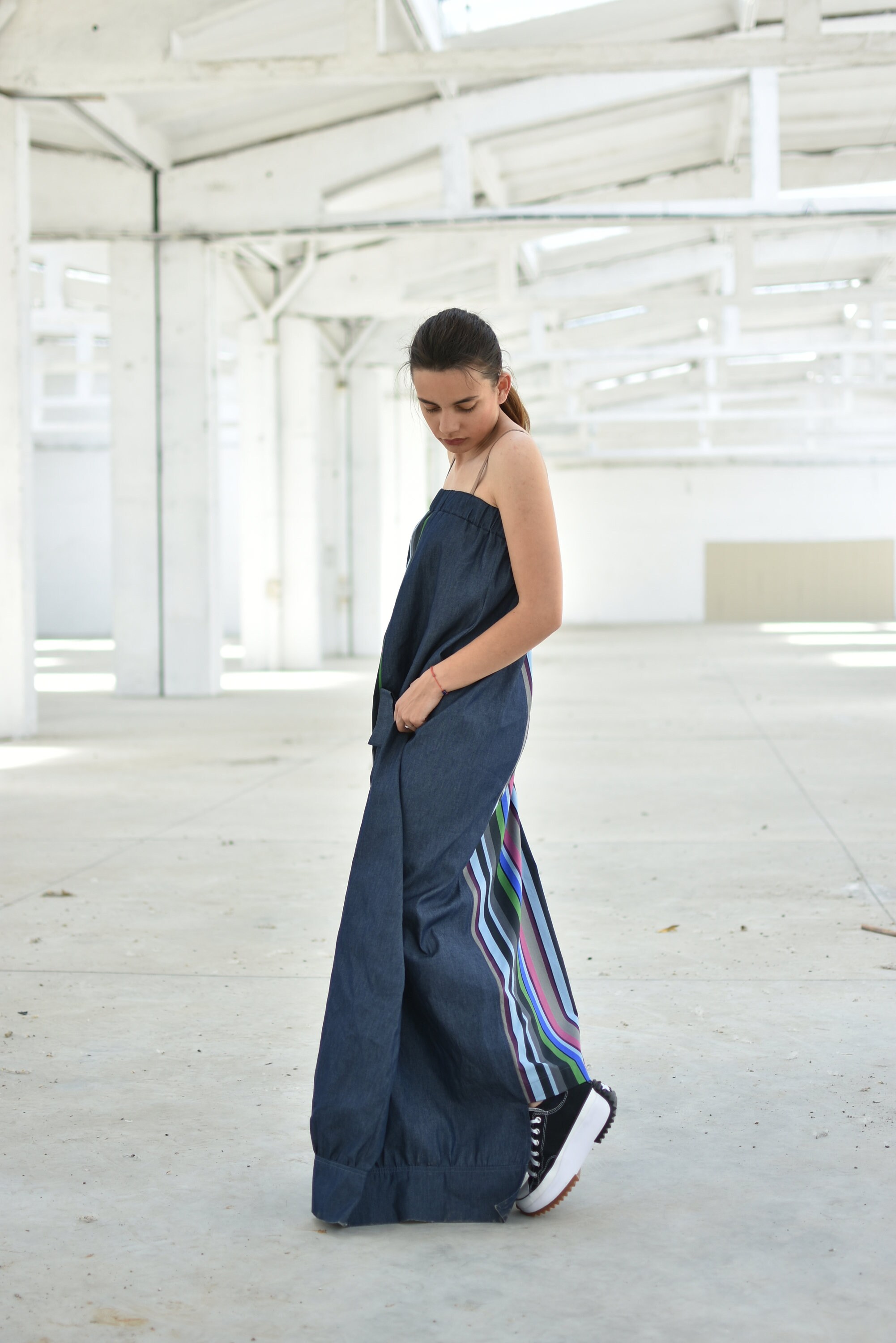 Denim Bandeau Maxi Dress for Summer, Blue Women Sleeveless Futuristic Dress with Pockets, Long Striped Lightweight Denim Dress, Plus Sizes