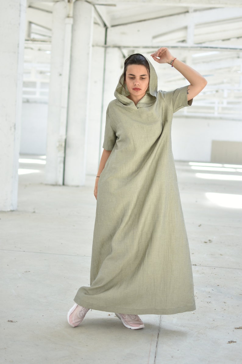 Linen Hooded Dress, Plus Size Maxi Dress, Boho Kaftan Dress, Loose Fit Dress, Women Caftan Dress, Larp Dress, Short Sleeve Dress image 4