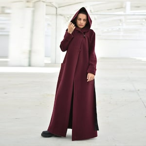 Burgundy Hooded Coat, Long Wool Belted Coat, Warm Winter Coat, Plus Size Clothing, Loose Women Overcoat, Floor Length Coat, Trendy Coat