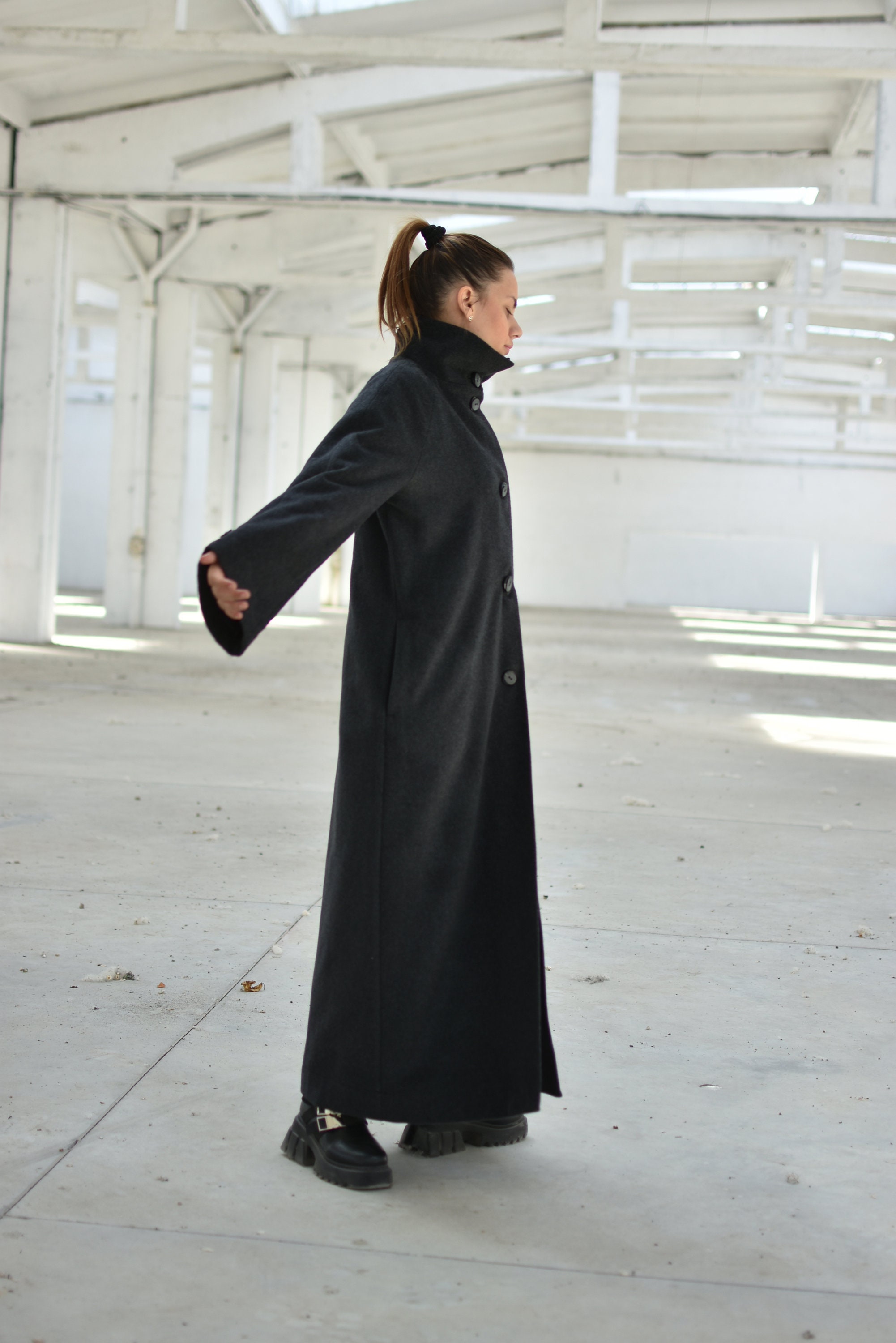 Women Maxi Coat, High Neck Wool Outerwear, Long Winter Coat with Pockets, Plus Size Clothing, Loose Ankle Coat, Front Buttons Coat Women Maxi Coat, High Neck Wool Outerwear, Long Winter Coat with Pockets, Plus Size Clothing, Loose Ankle Coat, Front Buttons Coat