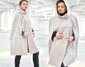 Women Cape Coat with Hood, Poncho Coat, Elegant Cloak Coat, Oversize Outerwear, Plus Size Clothing, Off White Coat for Fall Winter