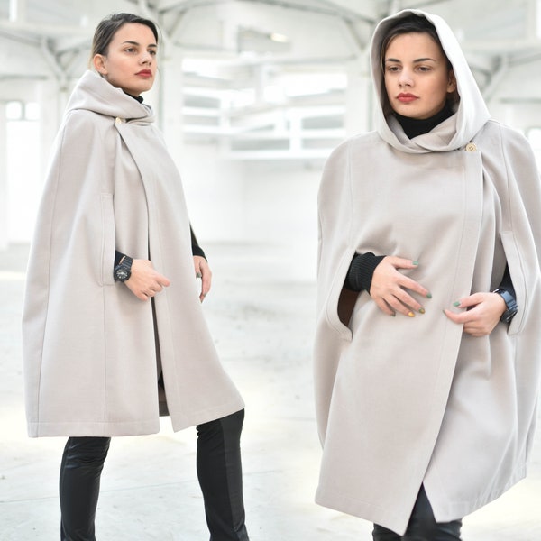 Manteau cape femme avec capuche, manteau poncho, manteau élégant, vêtements d’extérieur surdimensionnés, vêtements taille plus, manteau blanc cassé pour l’automne et l’hiver