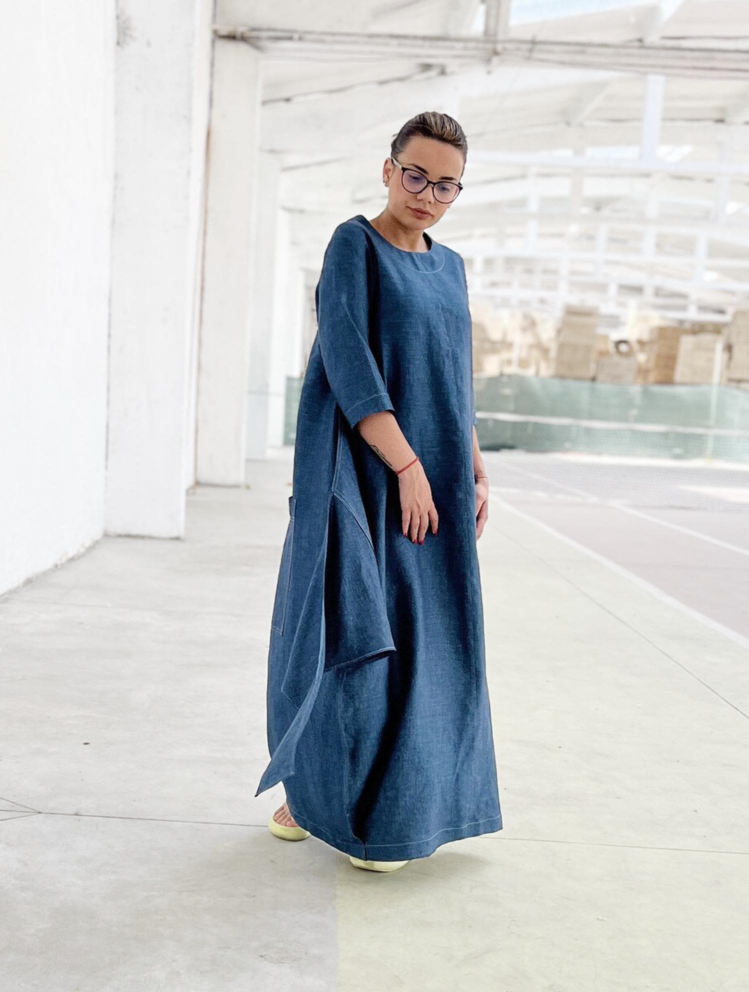 Denim Blue Linen Maxi Dress With Half Sleeve, Extravagant Avant Garde Loose Summer Gown, Long Garden Party or Baby Shower Dress, XS-3XL