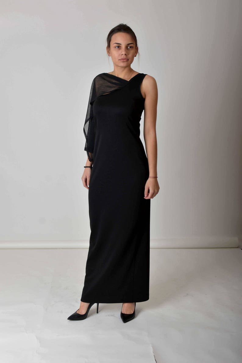 Elegant Evening Maxi Slit Dress, Black Long Dress, Plus Size Dress, Formal One Shoulder Dress, Tulle Cocktail Dress, Wedding Guest Dress image 3