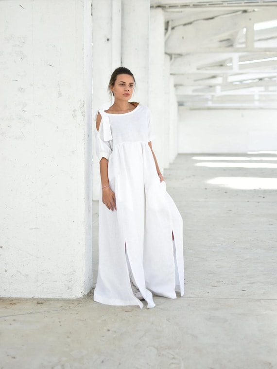 white linen dresses for beach weddings Verlaine White Linen Blend Maxi Dress