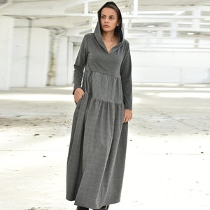 Hooded Maxi Dress Spring Tiered Shirt Dress Gray Long Sleeve Dress Sweatshirt Dress Avant Garde Clothing Women Ruffle Dress Etsy UK