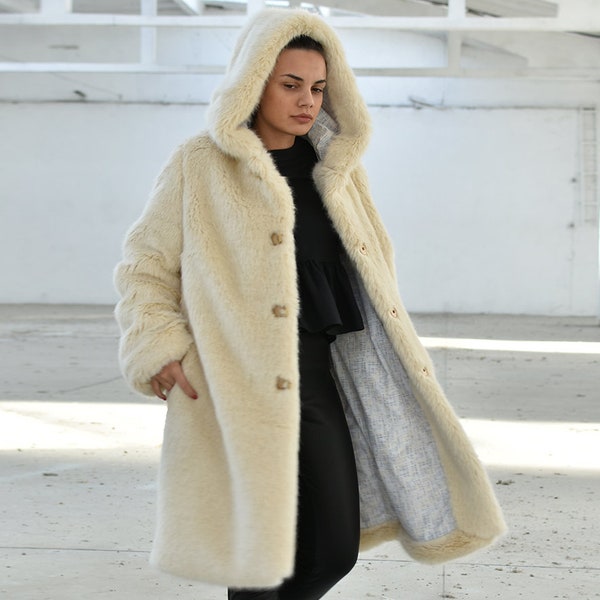 Manteau flou pour femmes, manteau en peluche crème à capuche, pardessus d’hiver moelleux, vêtements taille plus, manteau en fausse fourrure, manteau polaire surdimensionné chaud