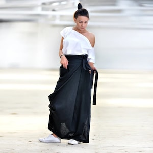 Black Linen High Waist Wrap Skirt, Long Loose Summer Maxi Skirt for Women, Steampunk Paper Bag Skirt With Slit, Sizes XS-2XL image 1