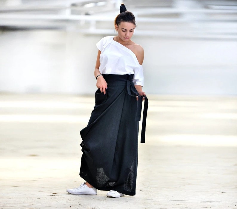 Black Linen High Waist Wrap Skirt, Long Loose Summer Maxi Skirt for Women, Steampunk Paper Bag Skirt With Slit, Sizes XS-2XL image 1