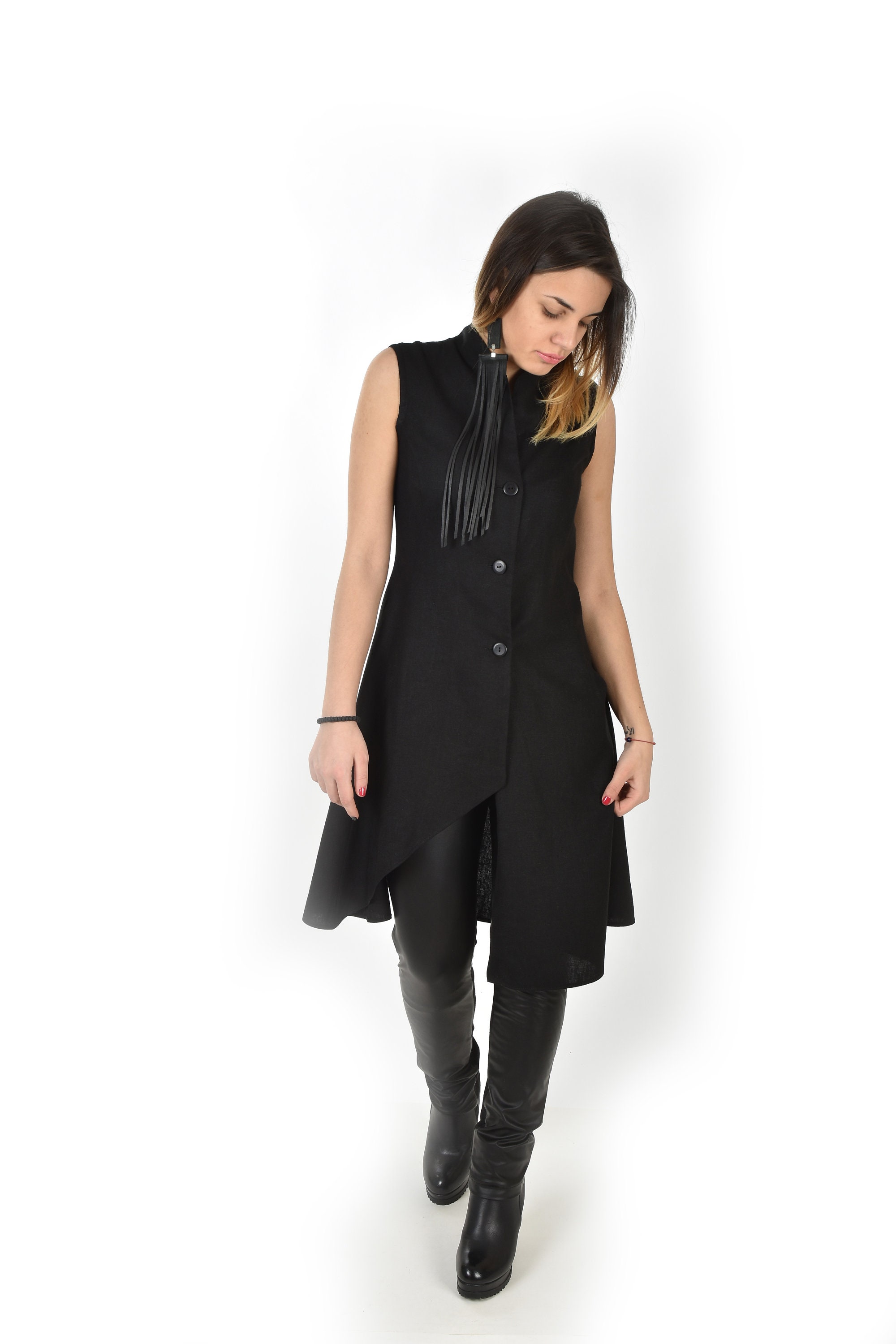 Black Linen Sleeveless Tunic Top for Summer, Long Asymmetric Vest