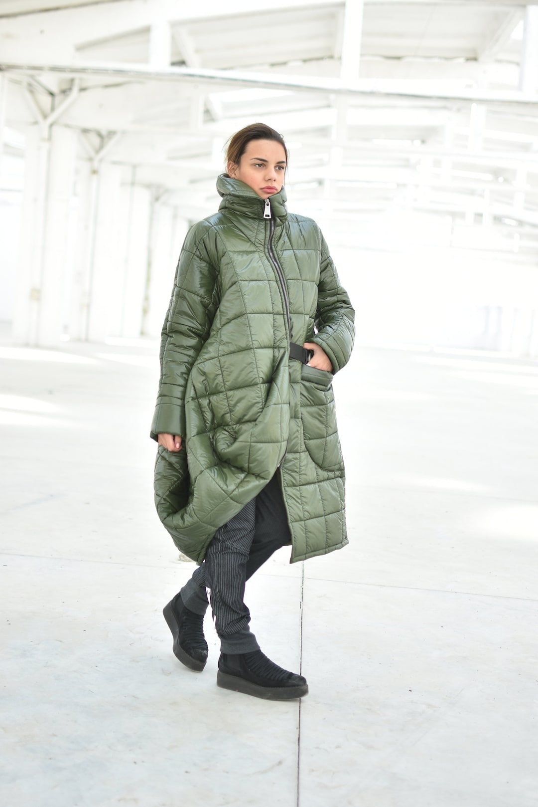Green Quilt Coat, Long Puffer Jacket, Long Oversized High Neck