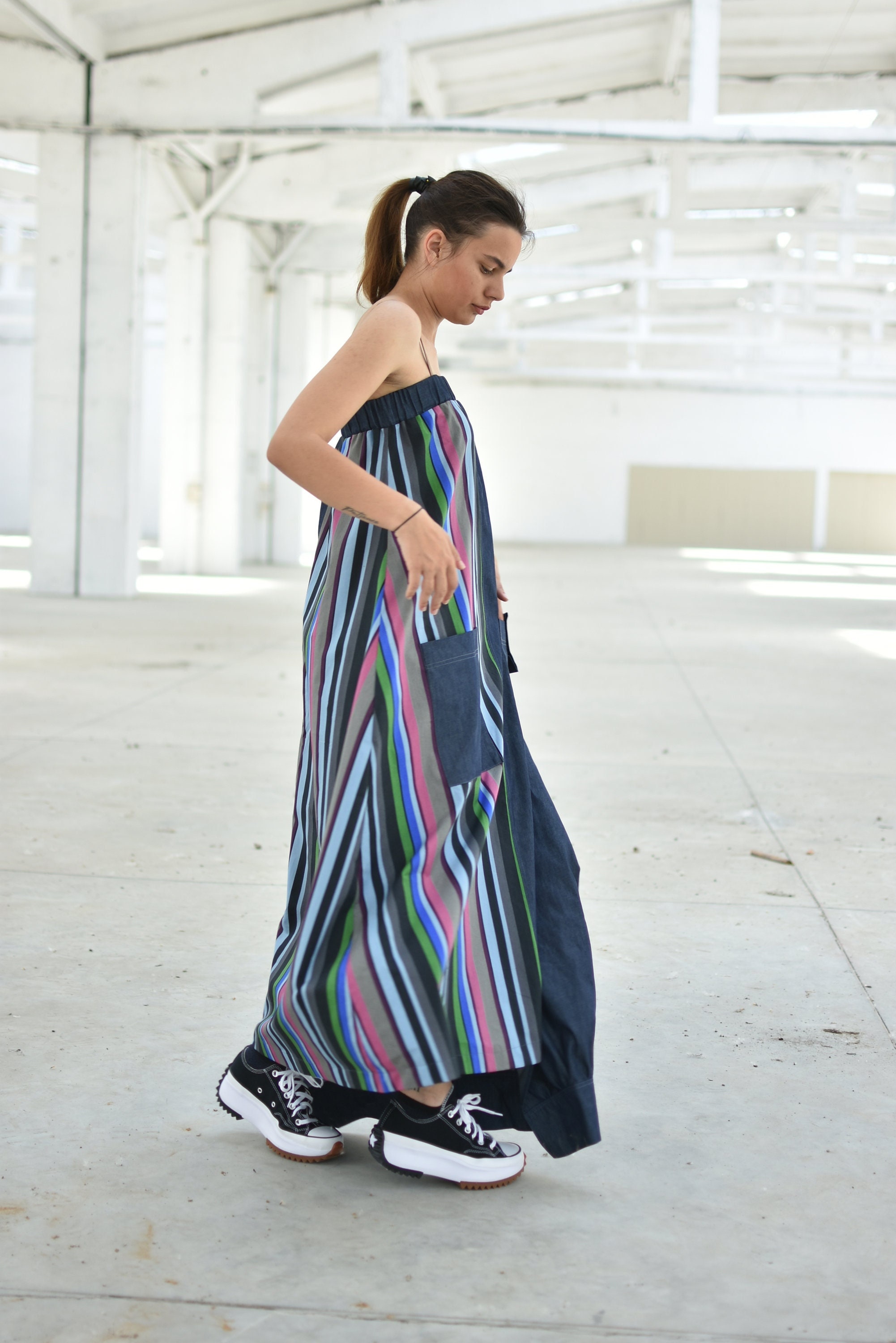 Denim Bandeau Maxi Dress for Summer, Blue Women Sleeveless Futuristic Dress with Pockets, Long Striped Lightweight Denim Dress, Plus Sizes