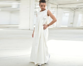 White Maxi Sleeveless Dress with Pockets for Summer, Long Elegant Wedding Guest Dress, Minimalist A-Line Loose Gown for Women, Sizes XS-2XL