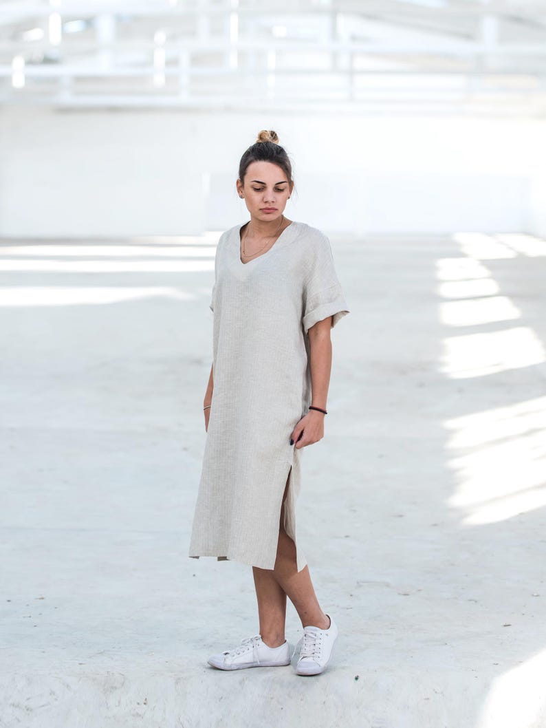 Linen Summer Kaftan with Short Sleeves and Slits, Boho Loose Beige Tunic Dress with Pockets, Midi Oversized Shift Dress, Sizes XS-4XL image 1