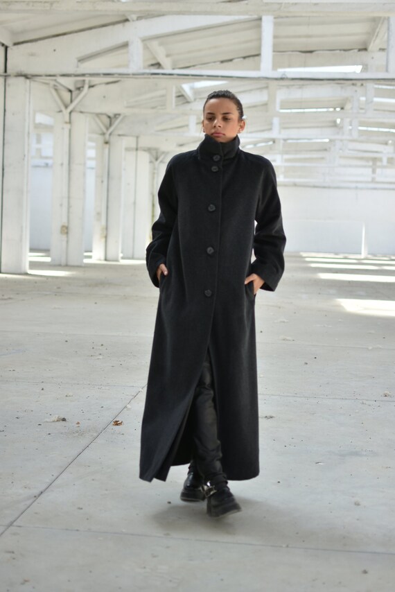 Women Maxi Coat, Cashmere Wool Outerwear, Front Buttons Coat, Winter Long Coat with Pockets, Plus Size Clothing, High Neck Coat, Loose